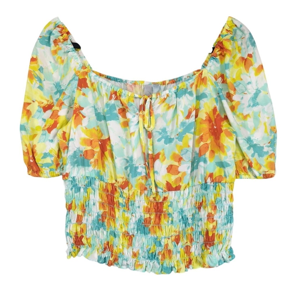 KUT from the Kloth Floral Multicolor Crop Blouse Womens M Smocked Off Shoulder